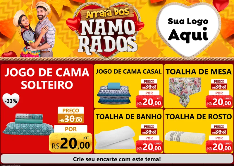 Modelo de Encarte para Encarte A4 Horizontal com o tema Arraiá dos Namorados para Cama, Mesa e Banho