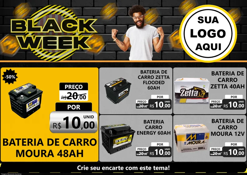 Modelo de Encarte para Encarte A4 Horizontal com o tema Black Week para Baterias Elétricas
