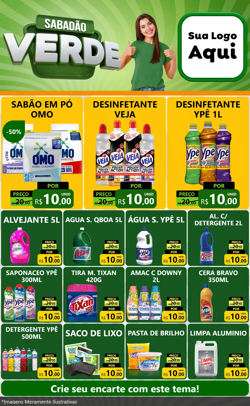 Modelo de Encarte para Encarte Grande com o tema Sabadão Verde para Produtos de Limpeza
