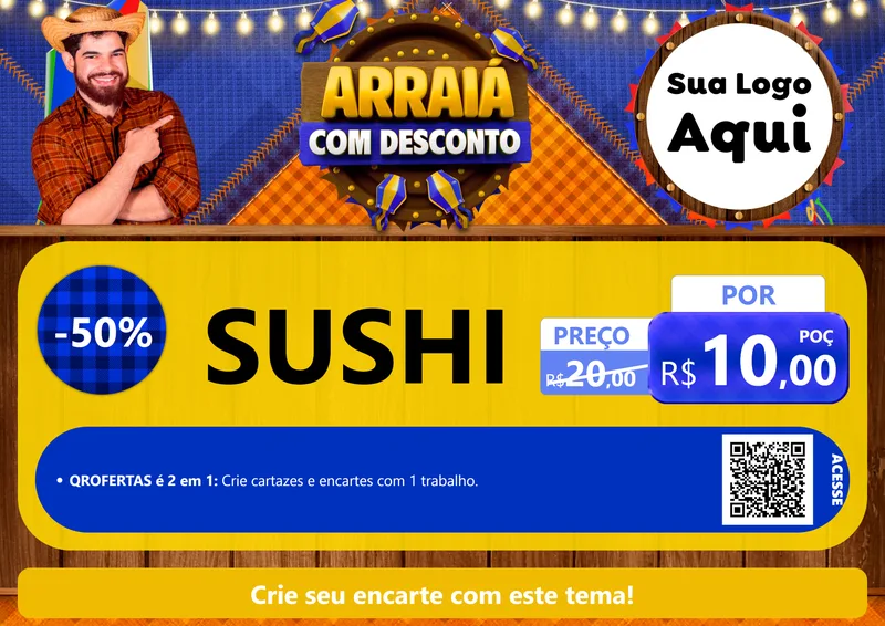 Modelo de Cartaz para Cartaz A4 Horizontal com o tema Arraiá Com Desconto para Comida japonesa