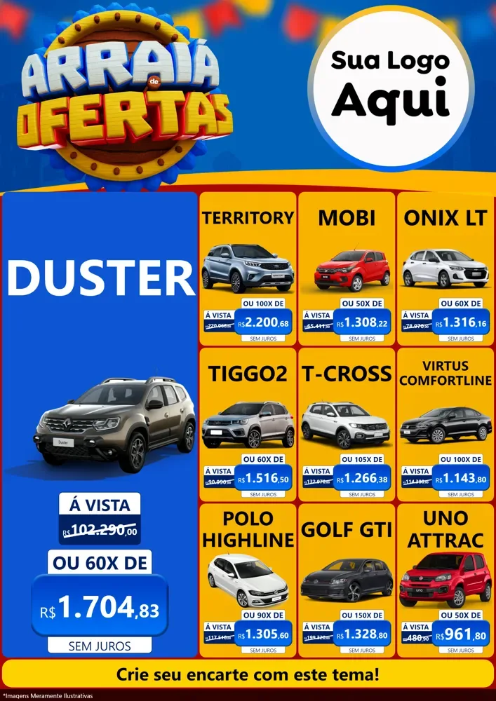 Modelo de Encarte para Encarte A4 Vertical com o tema Arraiá de Ofertas - Junina para Concessionaria de Carros