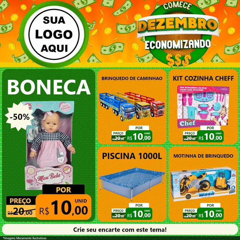 Modelo de Rede Social para Feed Facebook com o tema Comece Dezembro Economizando para Brinquedos