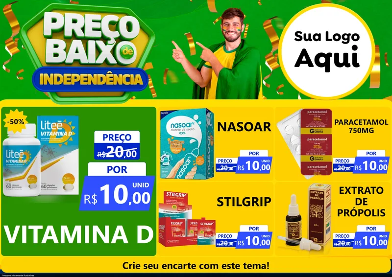 Modelo de Encarte para Encarte A4 Horizontal com o tema Preço Baixo de Independência para Farmácia