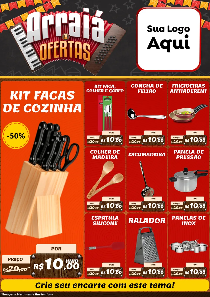 Modelo de Encarte para Encarte A4 Vertical com o tema Arraiá de Ofertas - Junina para Utilidades Domésticas