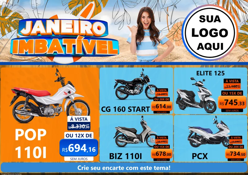 Modelo de Encarte para Encarte A4 Horizontal com o tema Janeiro Imbatível para Concessionaria de Motos