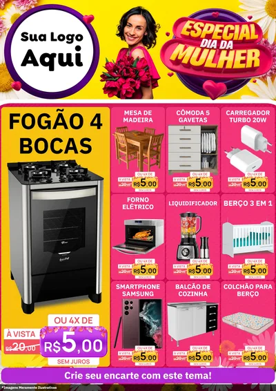 Modelo de Encarte para Encarte A4 Vertical com o tema Especial Dia da Mulher para Móveis e Eletro