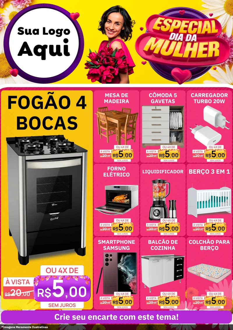 Modelo de Encarte para Encarte A4 Vertical com o tema Especial Dia da Mulher para Móveis e Eletro