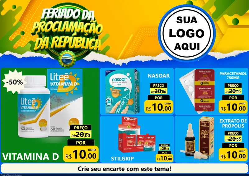 Modelo de Encarte para Encarte A4 Horizontal com o tema Feriado da Proclamação da República para Farmácia