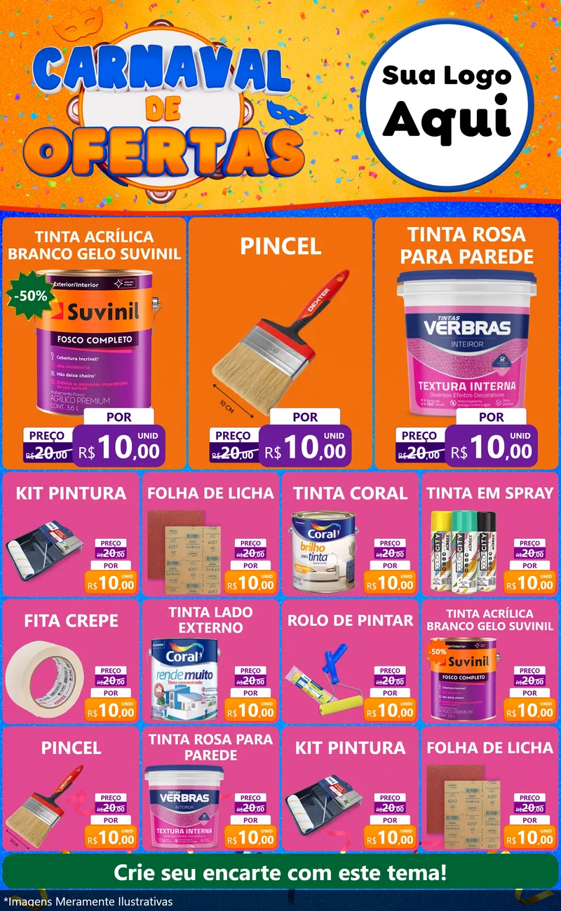 Modelo de Encarte para Encarte Grande com o tema Carnaval de Ofertas para Tintas e Ferramentas