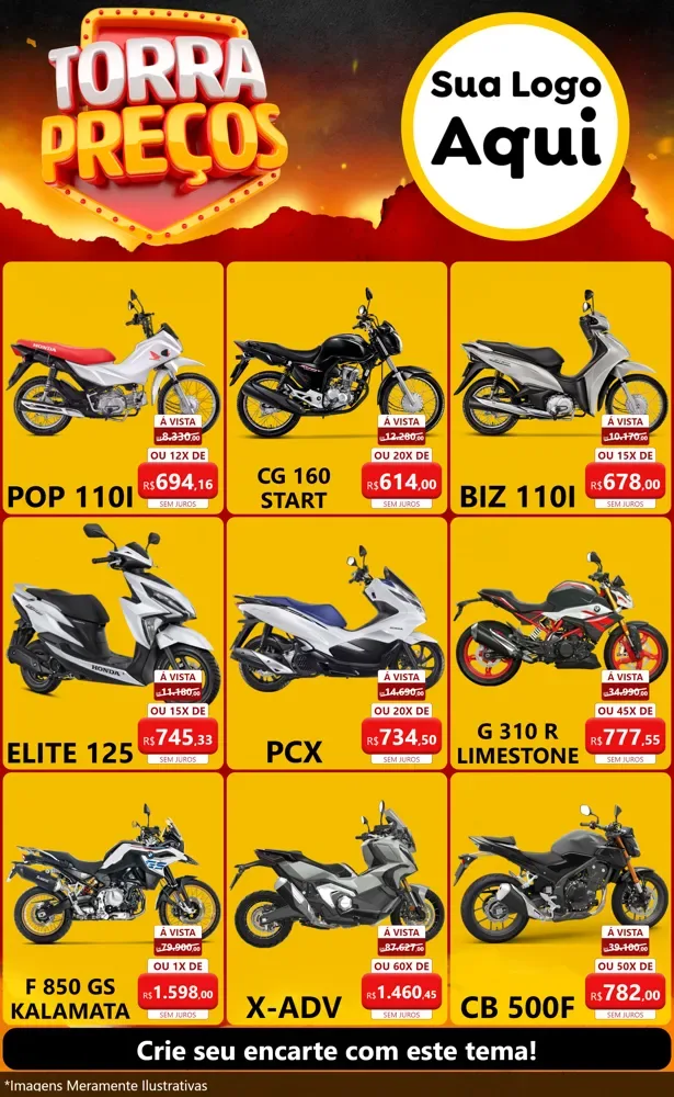 Modelo de Encarte para Encarte Grande com o tema Torra Preços para Concessionaria de Motos