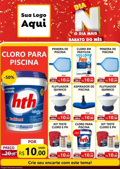 Modelo de Encarte para Encarte A4 Vertical com o tema Dia N o Dia Mais Barato do Mês para Produtos para Piscina