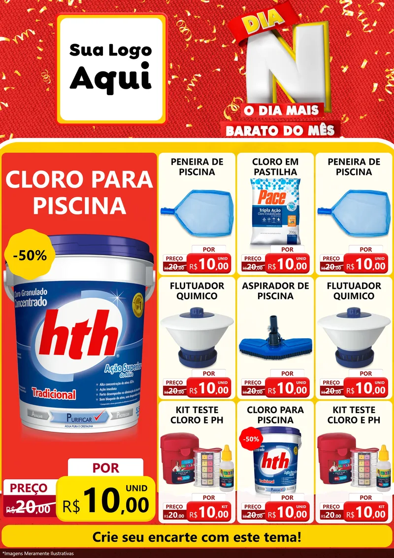Modelo de Encarte para Encarte A4 Vertical com o tema Dia N o Dia Mais Barato do Mês para Produtos para Piscina