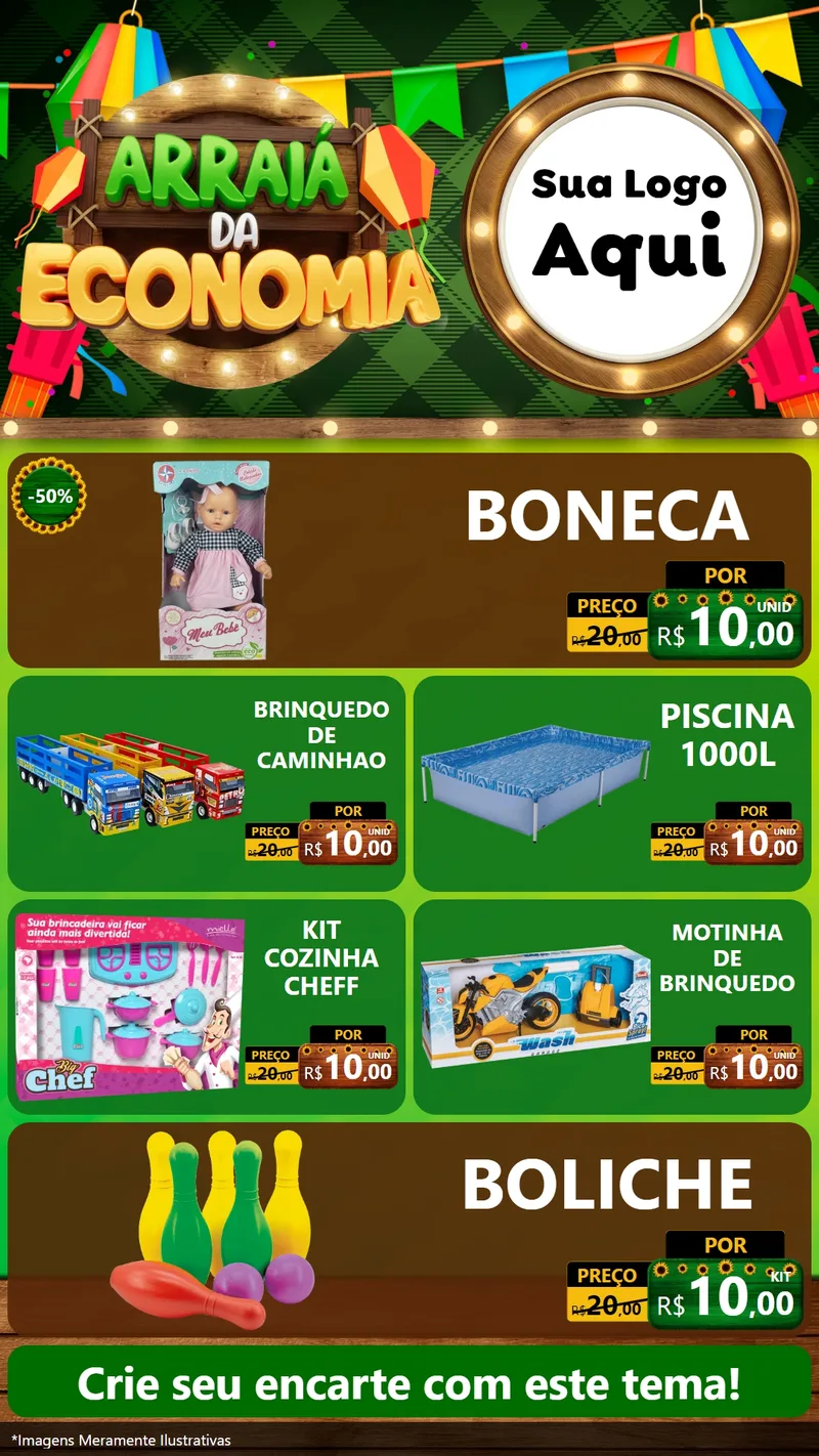 Modelo de TV para TV Vertical com o tema Arraiá de Economia para Brinquedos