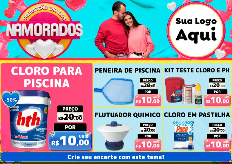 Modelo de Encarte para Encarte A4 Horizontal com o tema Promoção Dia dos Namorados para Produtos para Piscina