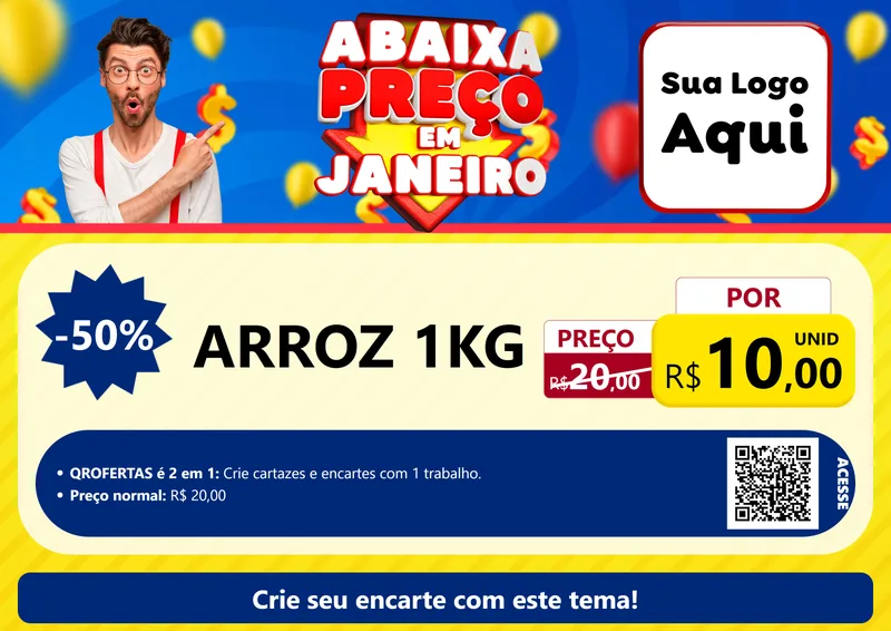 Modelo de Cartaz para Cartaz A4 Horizontal com o tema Abaixa Preço em Janeiro para Supermercado