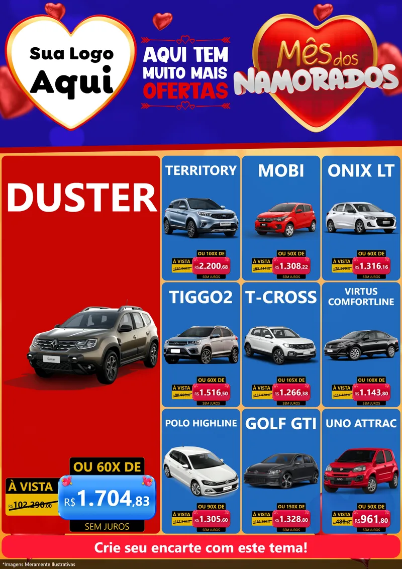 Modelo de Encarte para Encarte A4 Vertical com o tema Mês dos Namorados para Concessionaria de Carros
