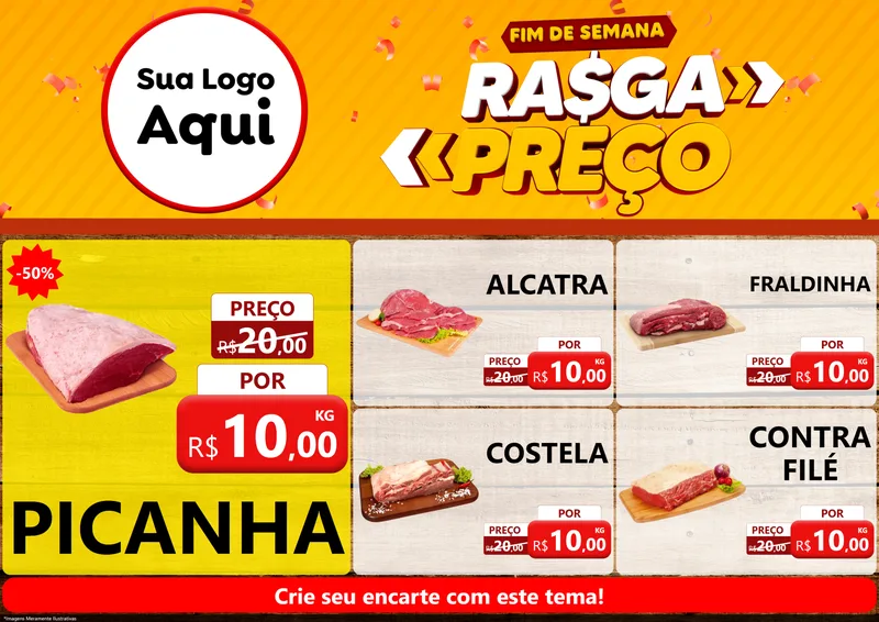 Modelo de Encarte para Encarte A4 Horizontal com o tema Fim de Semana Rasga Preços para Açougue