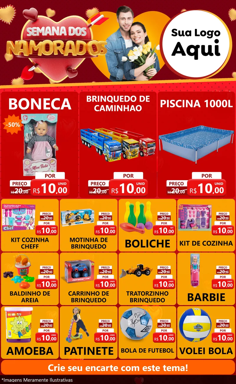Modelo de Encarte para Encarte Grande com o tema Semana dos Namorados para Brinquedos