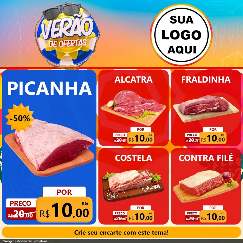 Modelo de Rede Social para Feed Facebook com o tema Verão de Ofertas para Açougue