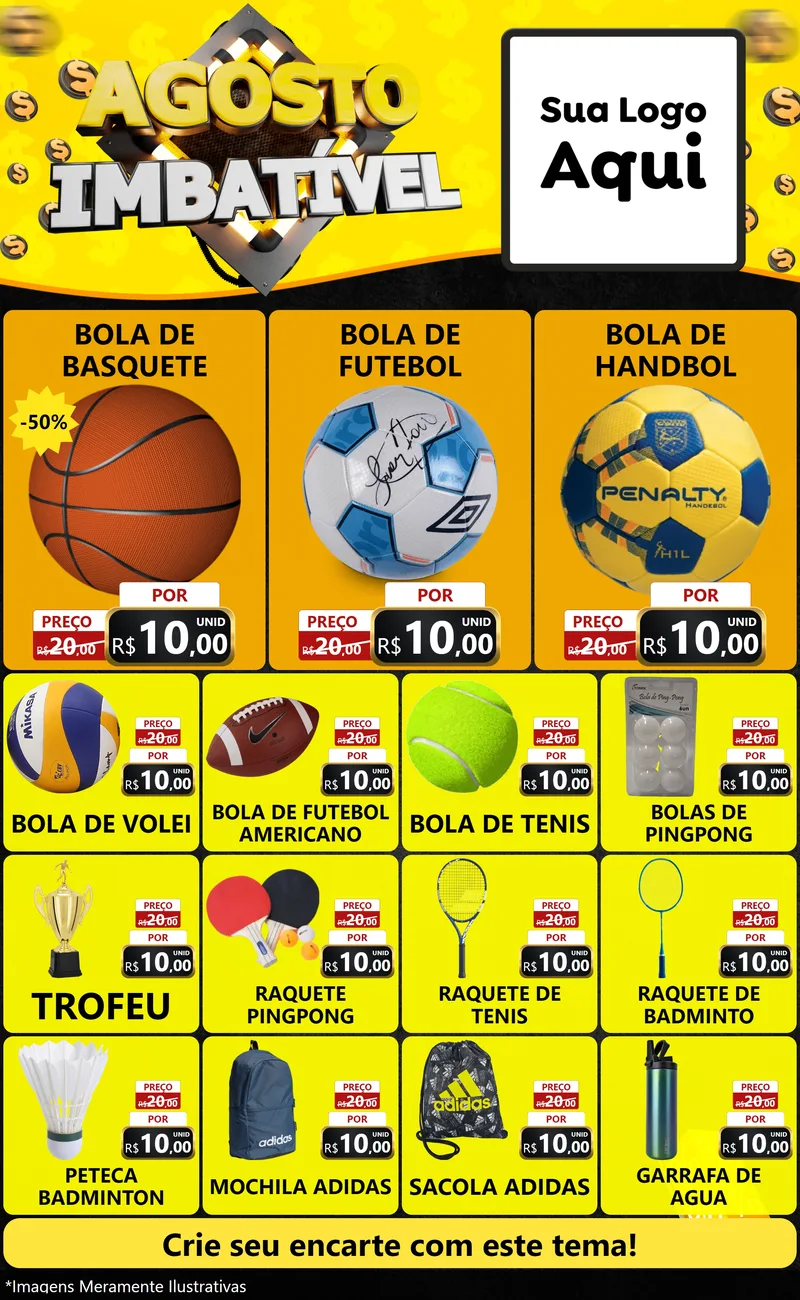 Modelo de Encarte para Encarte Grande com o tema Agosto Imbatível para Artigos Esportivos