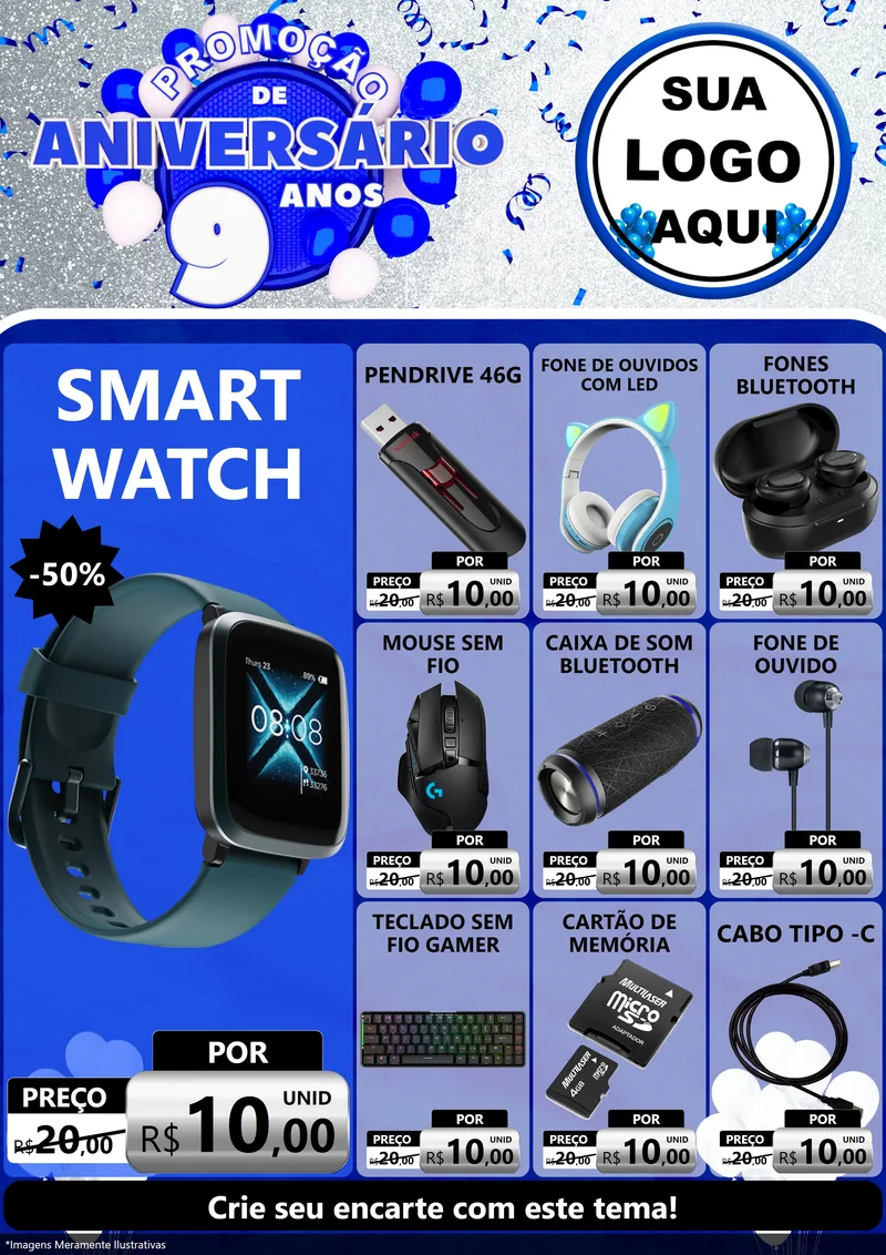 Modelo de Encarte para Encarte A4 Vertical com o tema Promoção de Aniversário - 9 Anos para Informática