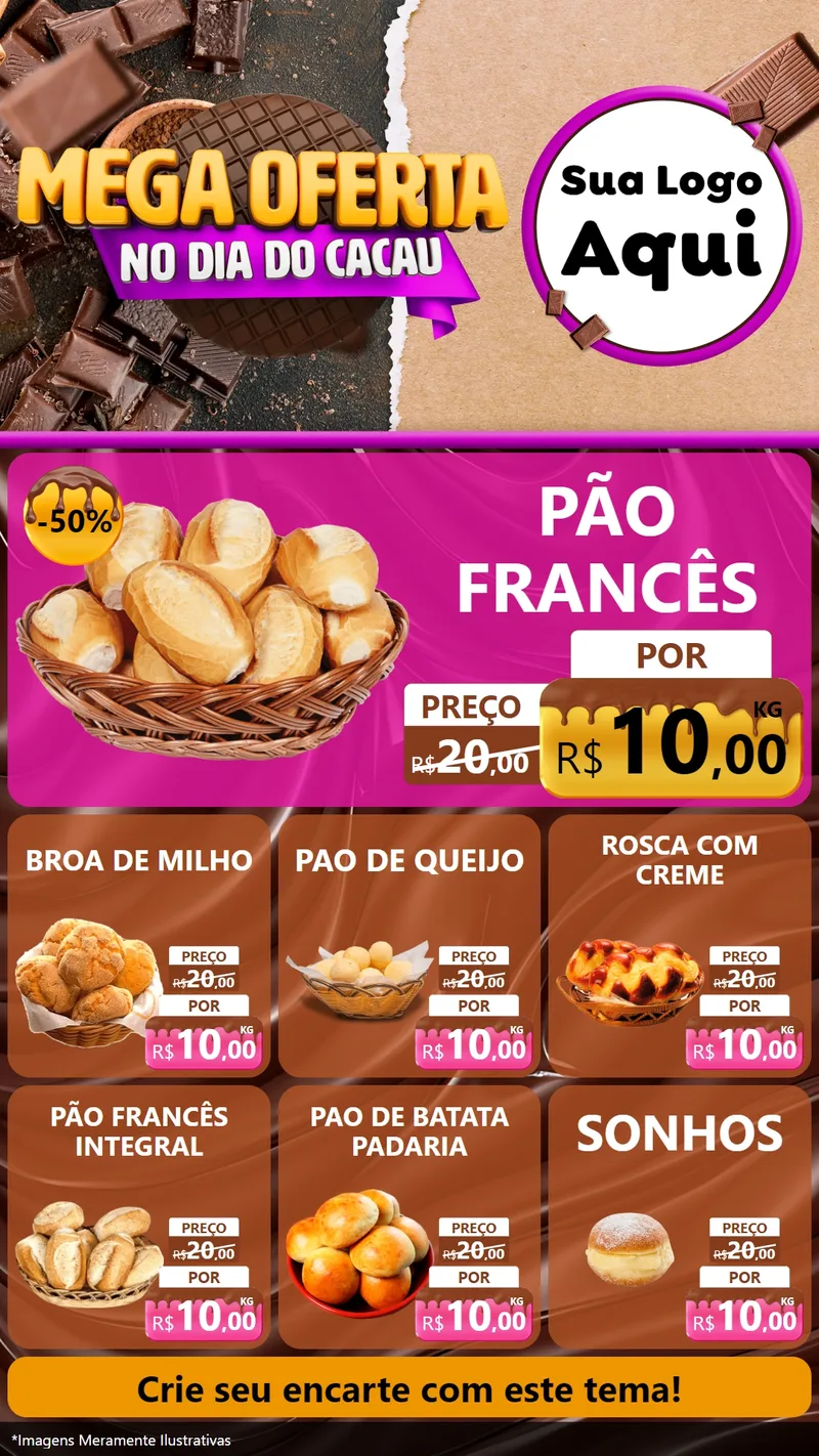 Modelo de Rede Social para Stories com o tema Mega Oferta no Dia do Cacau para Padaria