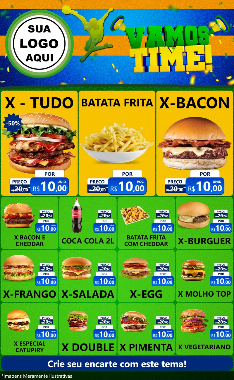 Modelo de Encarte para Encarte Grande com o tema Vamos Time! para Hamburgueria