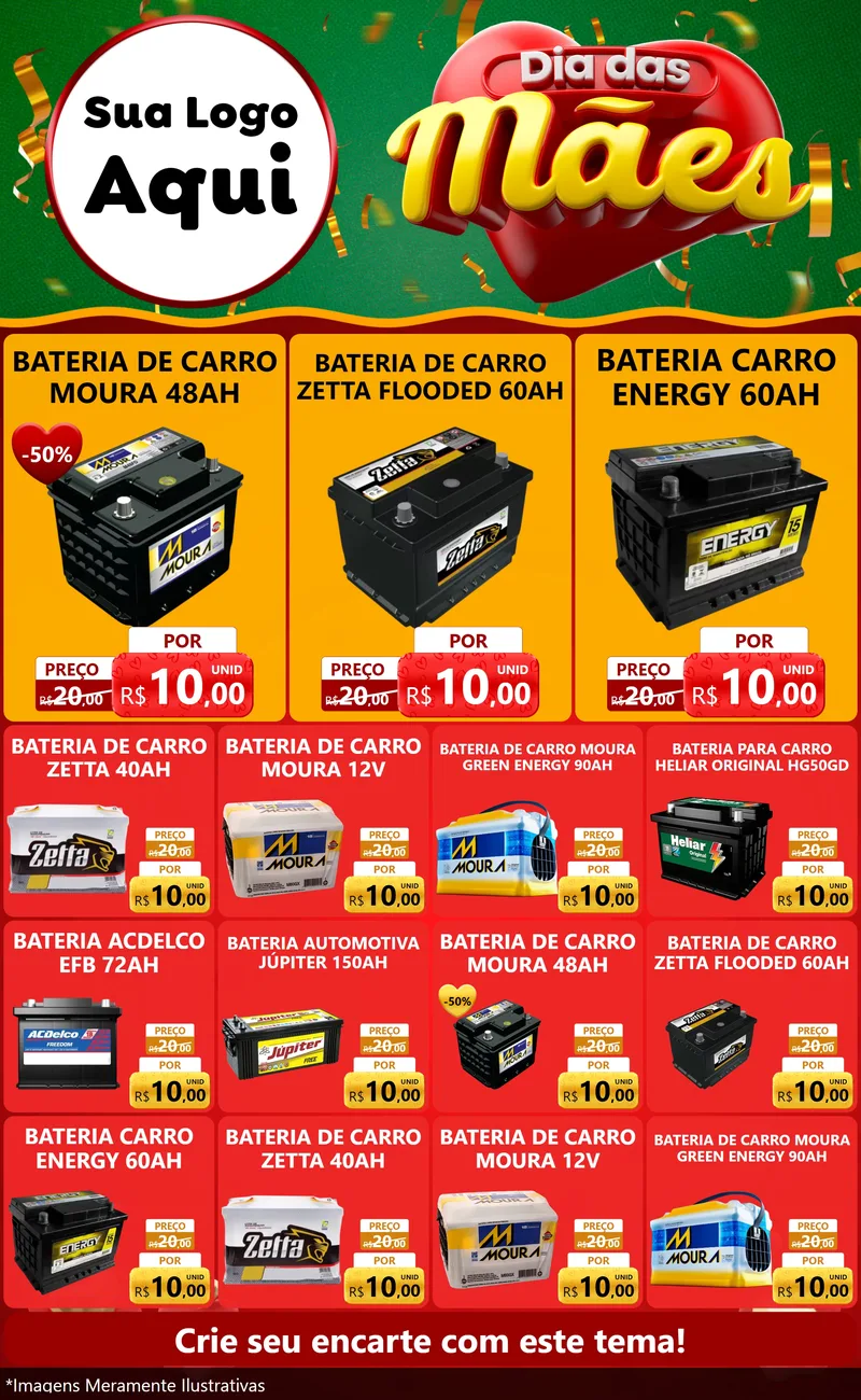 Modelo de Encarte para Encarte Grande com o tema Dia das Mães para Baterias Elétricas