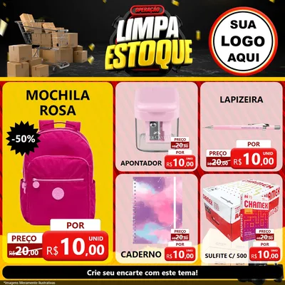 Modelo de Rede Social para Feed Facebook com o tema Operação Limpa Estoque para Papelaria