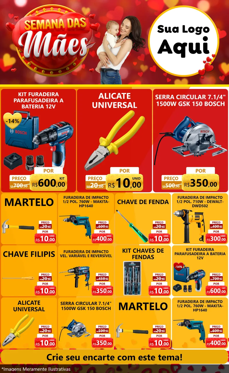 Modelo de Encarte para Encarte Grande com o tema Semana das Mães para Maquinas e Ferramentas