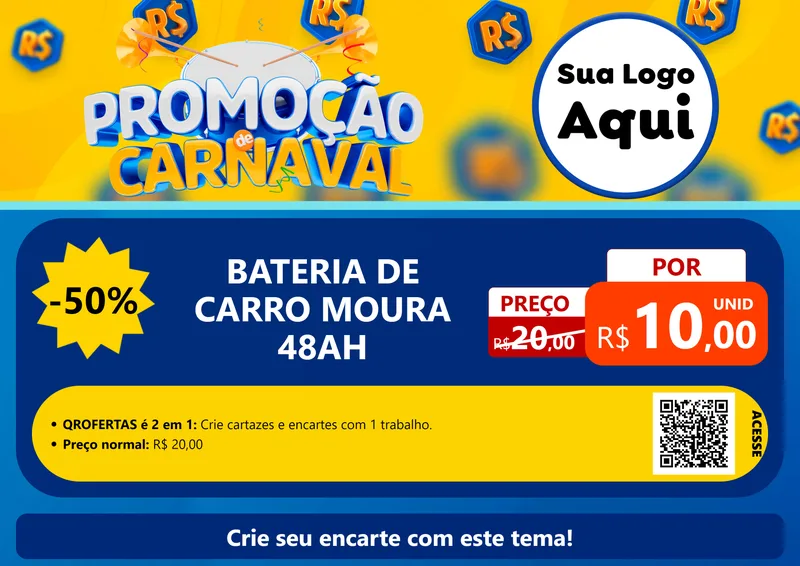 Modelo de Cartaz para Cartaz A4 Horizontal com o tema Promoção de Carnaval para Baterias Elétricas
