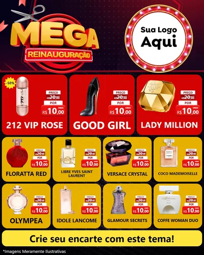 Modelo de Rede Social para Feed Instagram com o tema Mega Reinauguração para Perfumes