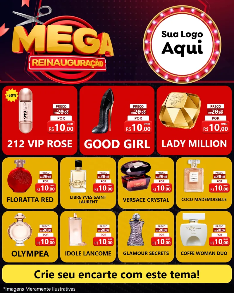 Modelo de Rede Social para Feed Instagram com o tema Mega Reinauguração para Perfumes