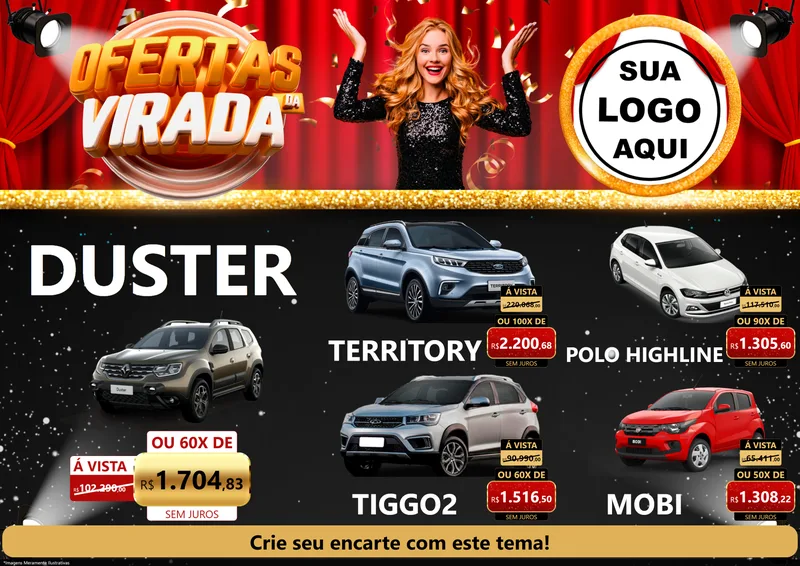 Modelo de Encarte para Encarte A4 Horizontal com o tema Ofertas da Virada para Concessionaria de Carros