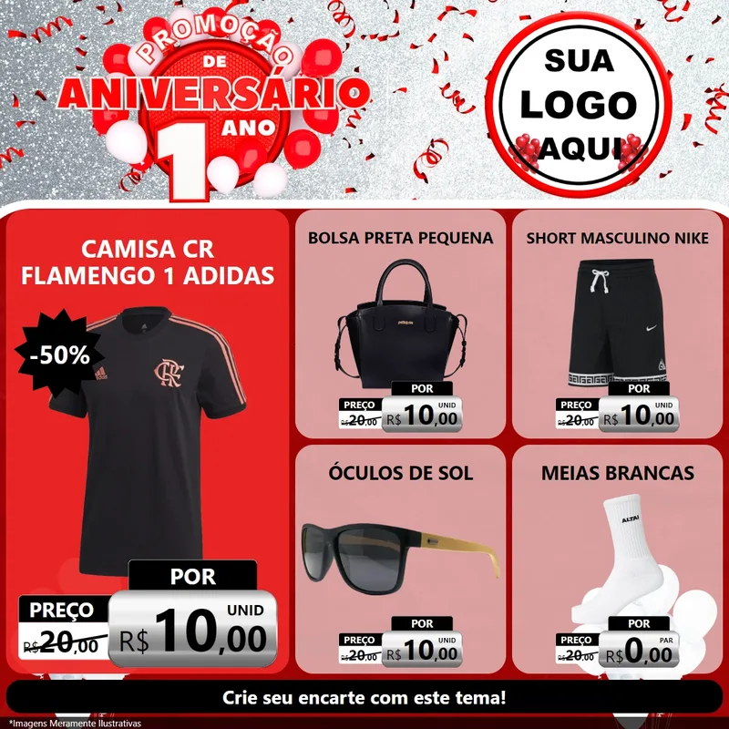 Modelo de Rede Social para Feed Facebook com o tema Promoção de Aniversário - 1 Ano para Roupas e acessórios