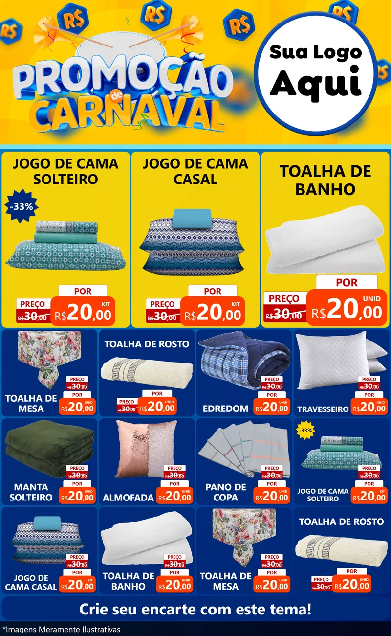 Modelo de Encarte para Encarte Grande com o tema Promoção de Carnaval para Cama, Mesa e Banho