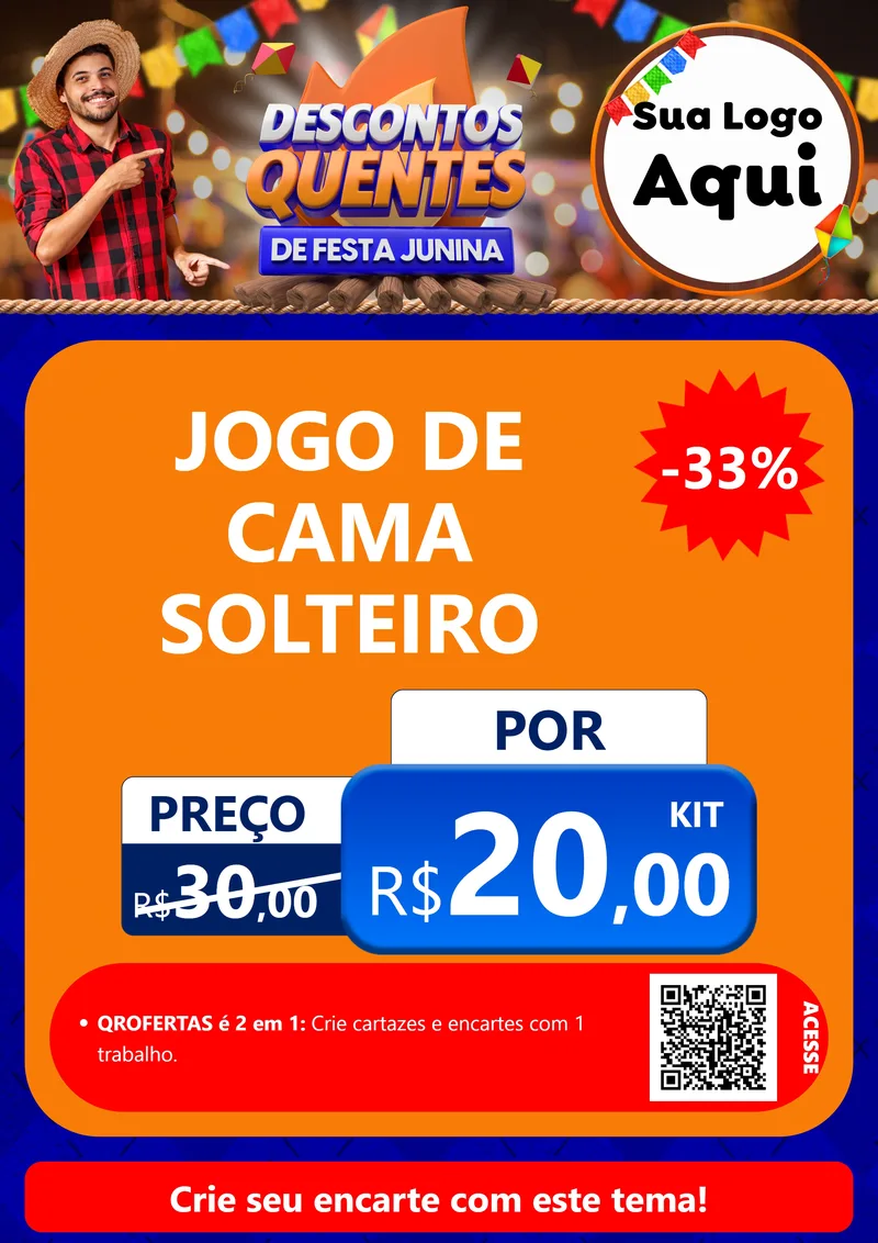 Modelo de Cartaz para Cartaz A4 Vertical com o tema Descontos Quentes de Festa Junina para Cama, Mesa e Banho