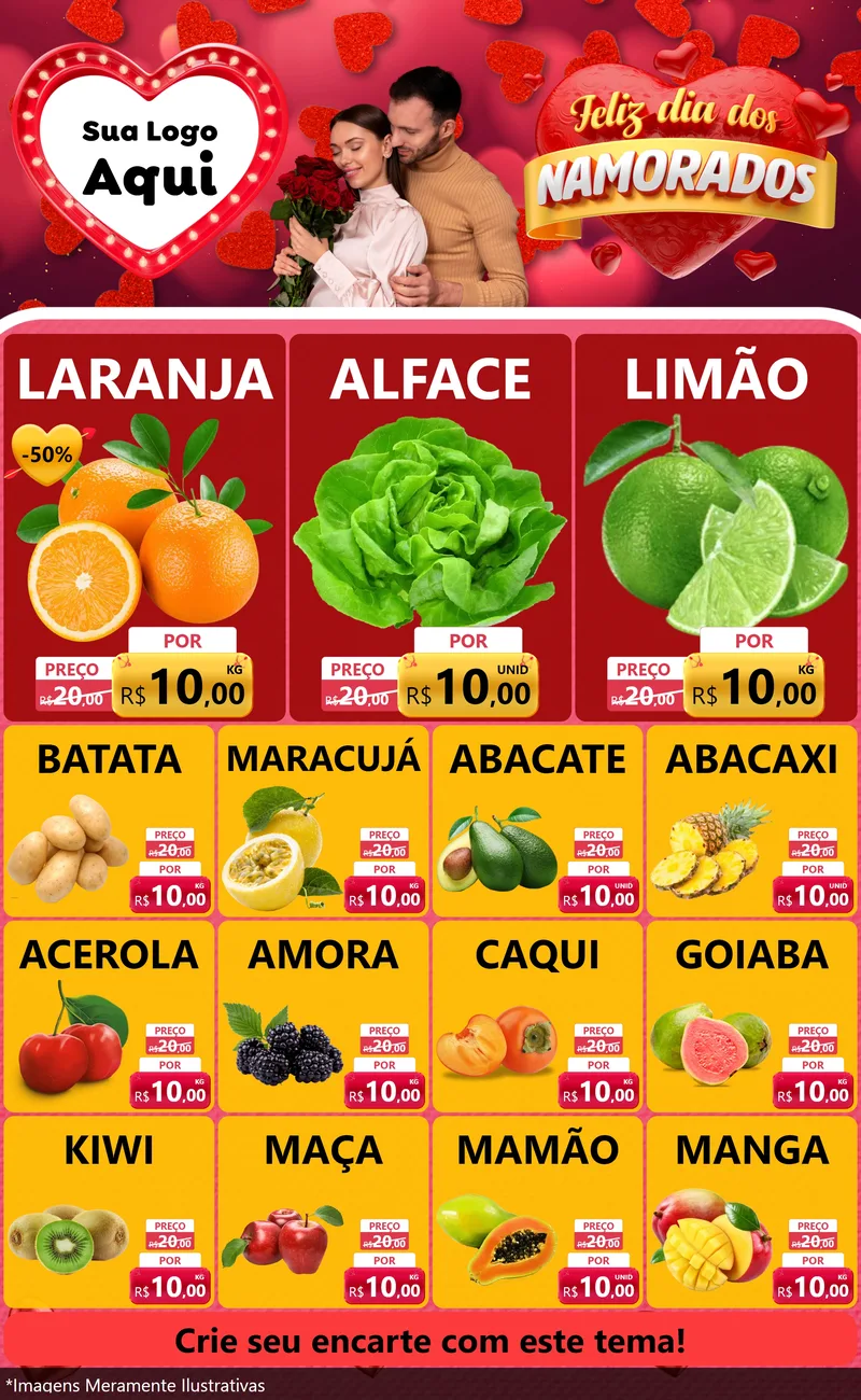 Modelo de Encarte para Encarte Grande com o tema Feliz Dia Dos Namorados para Hortifrúti