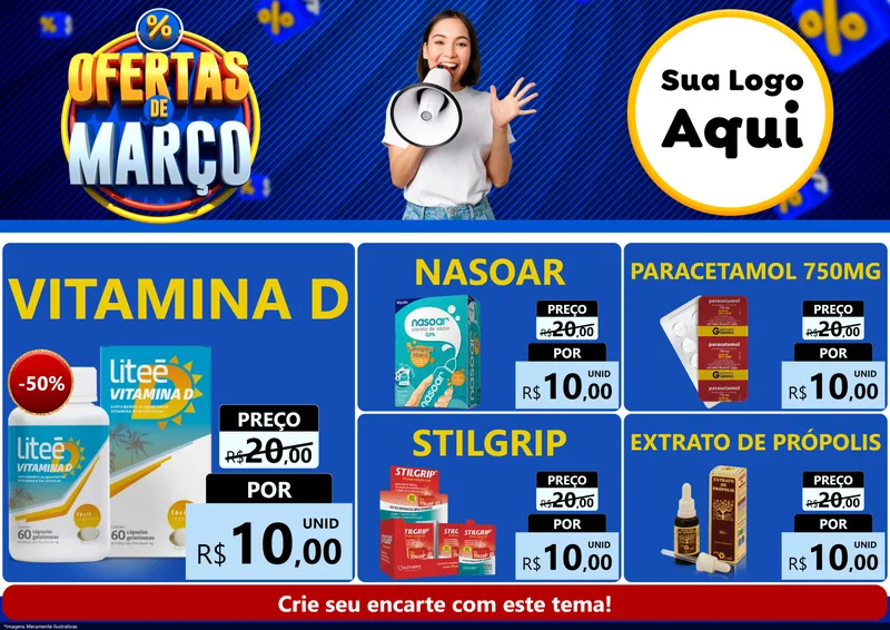 Modelo de Encarte para Encarte A4 Horizontal com o tema Ofertas de Março para Farmácia