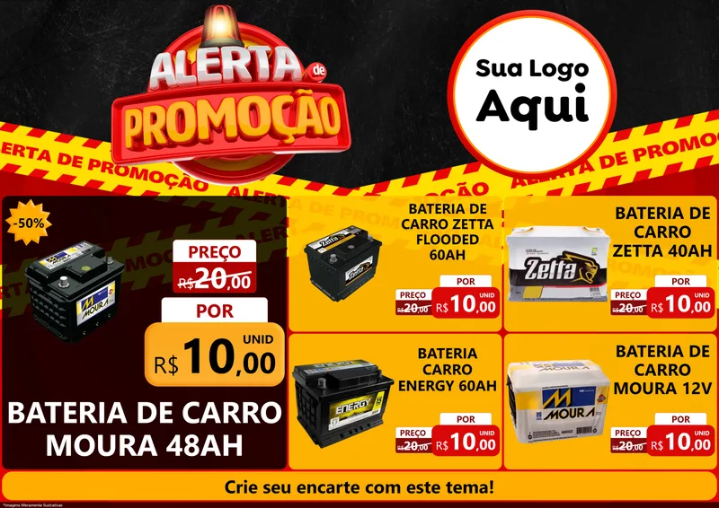 Modelo de Encarte para Encarte A4 Horizontal com o tema Alerta de Promoção para Baterias Elétricas