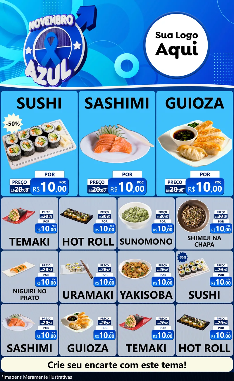 Modelo de Encarte para Encarte Grande com o tema Novembro Azul para Comida japonesa