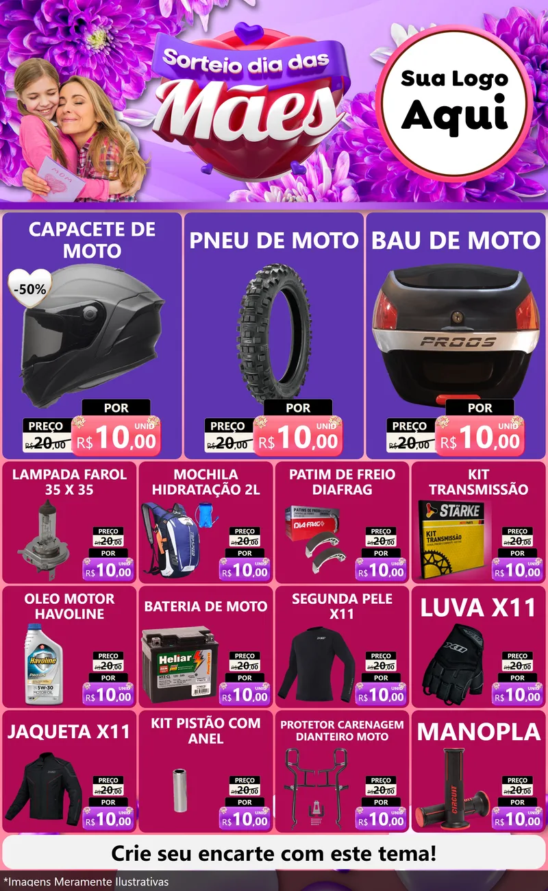 Modelo de Encarte para Encarte Grande com o tema Sorteio Dia das Mães para Moto peças