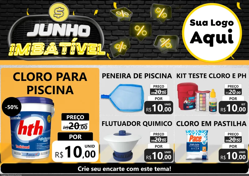 Modelo de Encarte para Encarte A4 Horizontal com o tema Junho Imbatível para Produtos para Piscina