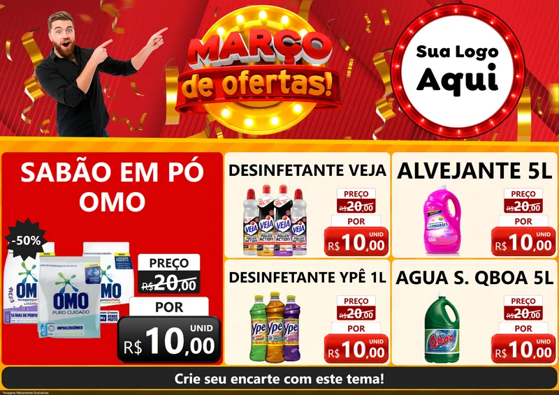 Modelo de Encarte para Encarte A4 Horizontal com o tema Março de Ofertas! para Produtos de Limpeza