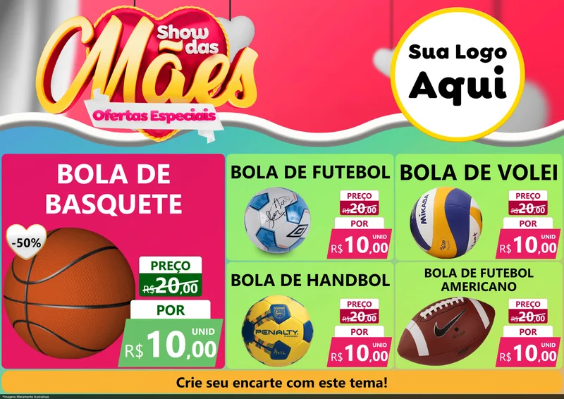 Modelo de Encarte para Encarte A4 Horizontal com o tema Show das Mães - Ofertas Especiais para Artigos Esportivos