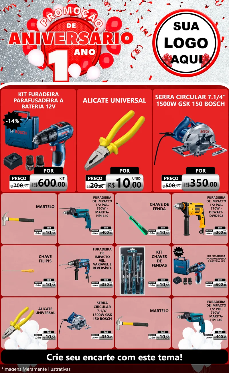 Modelo de Encarte para Encarte Grande com o tema Promoção de Aniversário - 1 Ano para Maquinas e Ferramentas
