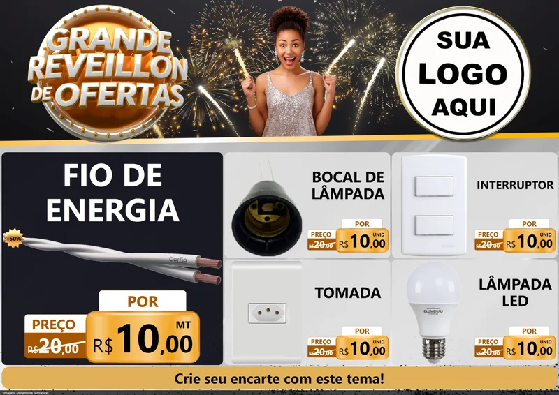Modelo de Encarte para Encarte A4 Horizontal com o tema Grande Réveillon de Ofertas para Materiais Elétricos