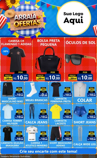 Modelo de Encarte para Encarte Grande com o tema Arraiá de Ofertas para Roupas e acessórios