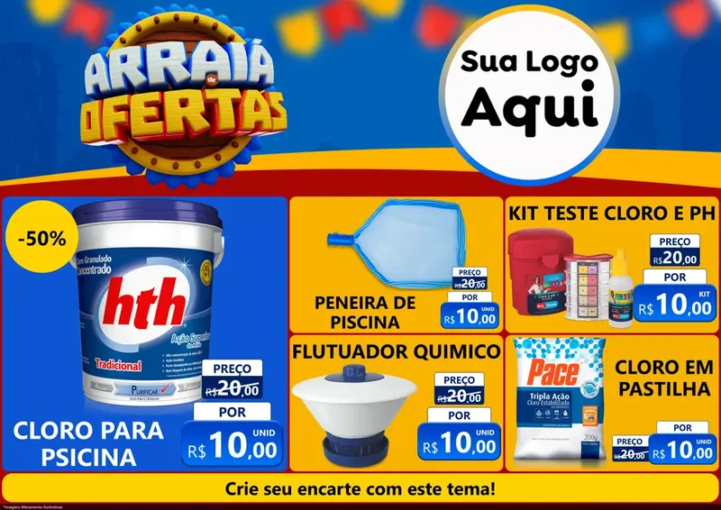 Modelo de Encarte para Encarte A4 Horizontal com o tema Arraiá de Ofertas - Junina para Produtos para Piscina