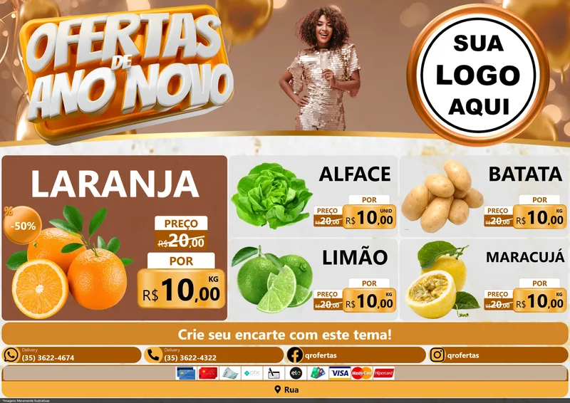 Modelo de Encarte para Encarte A4 Horizontal com o tema Ofertas de Ano Novo para Hortifrúti